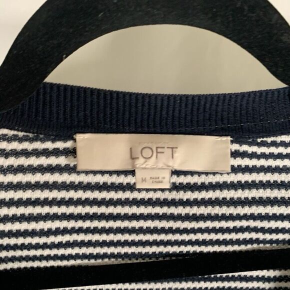 LOFT Cardigan Women's Medium Blue White Striped Knit Open Front 100% Cotton - Picture 7 of 9